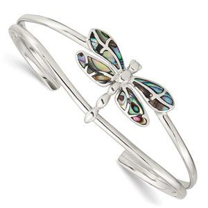 925 Sterling Silver blue Green Abalone Dragonfly Bangle Bracelet